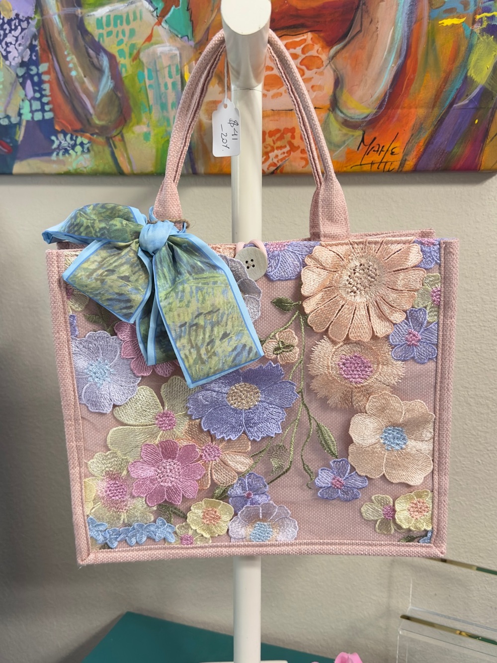 Women’s Floral Embroidered Tote Bag in Blush Pink